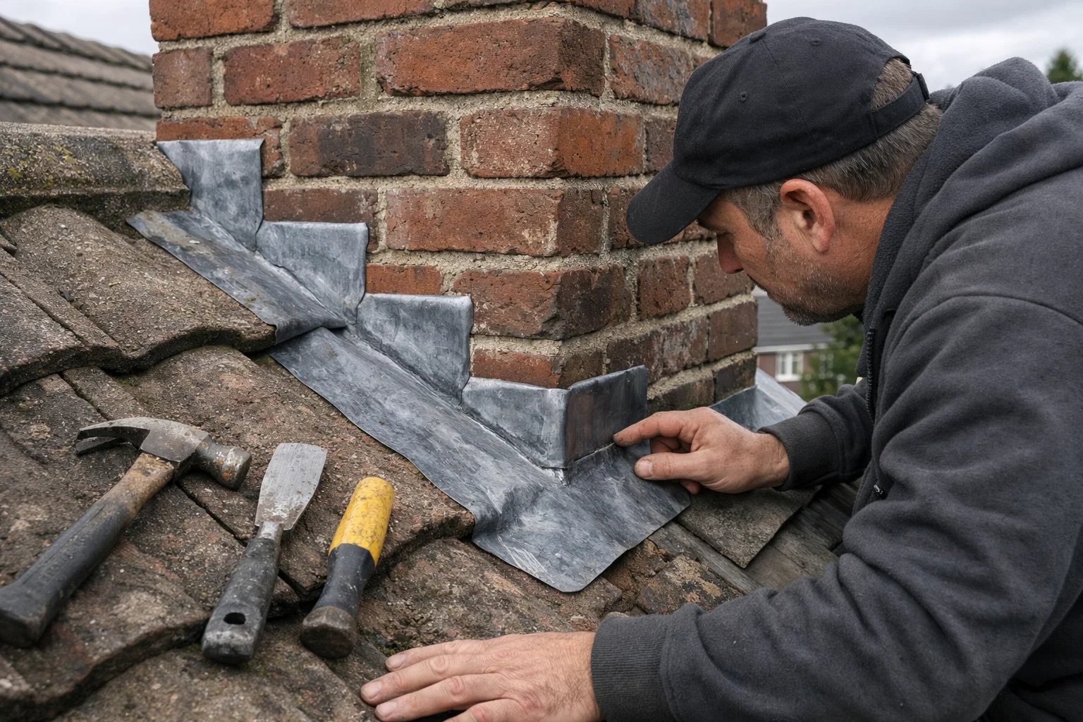 Fitting lead chimney flashing
