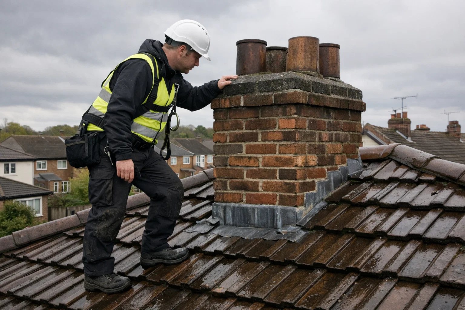 Roofer inspecting a chimney stack