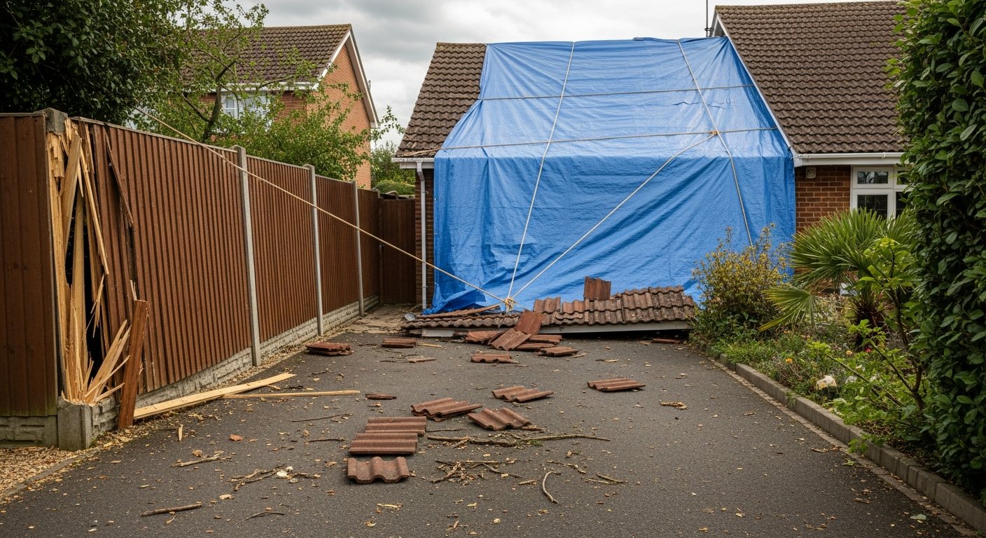 Emergency tarpaulin on a storm-damaged house