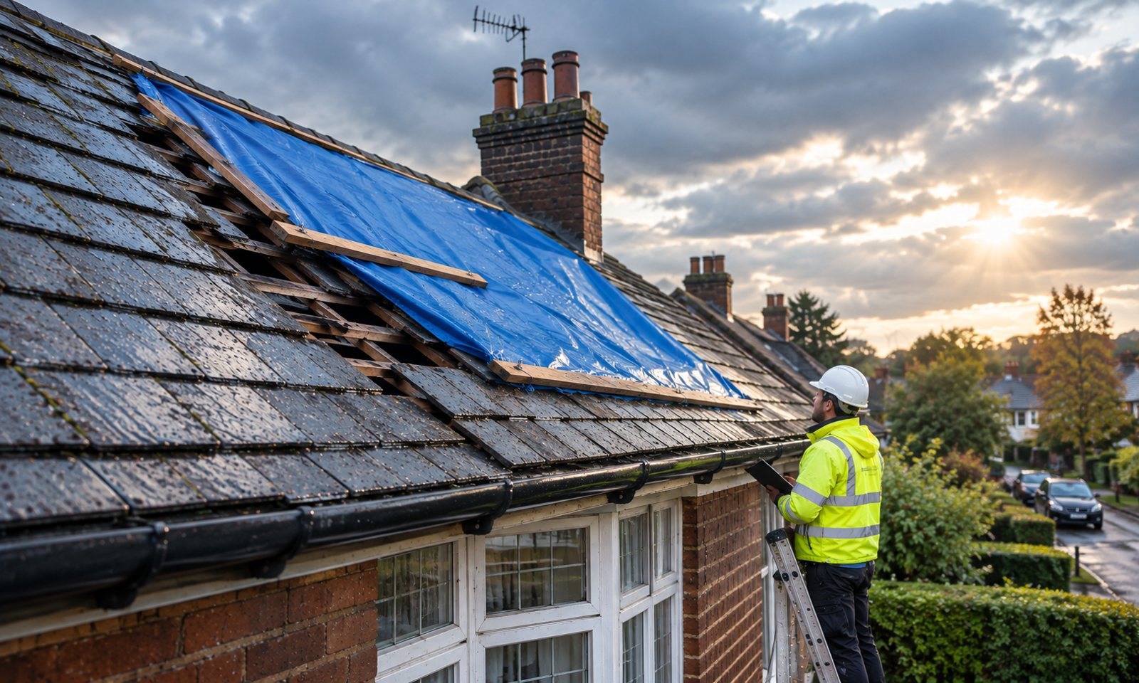 Emergency tarpaulin repair underway on a roof