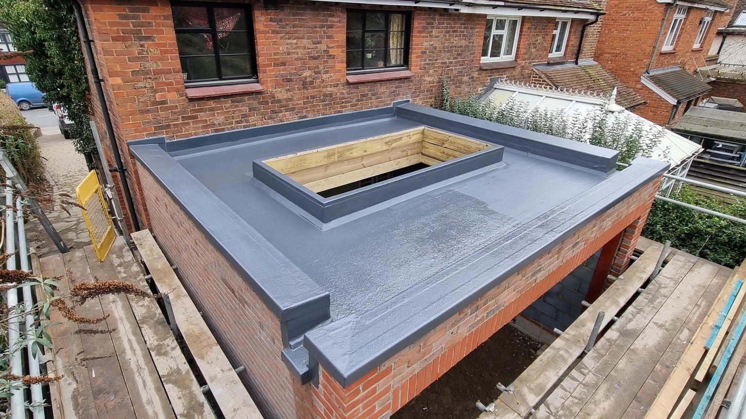GRP fibreglass extension roof under construction