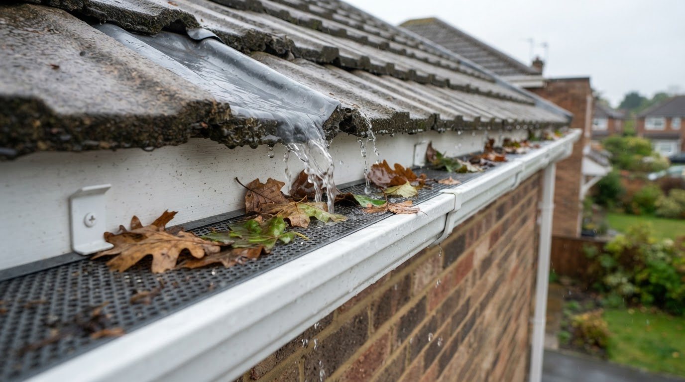 Gutter blocked with leaves overflowing