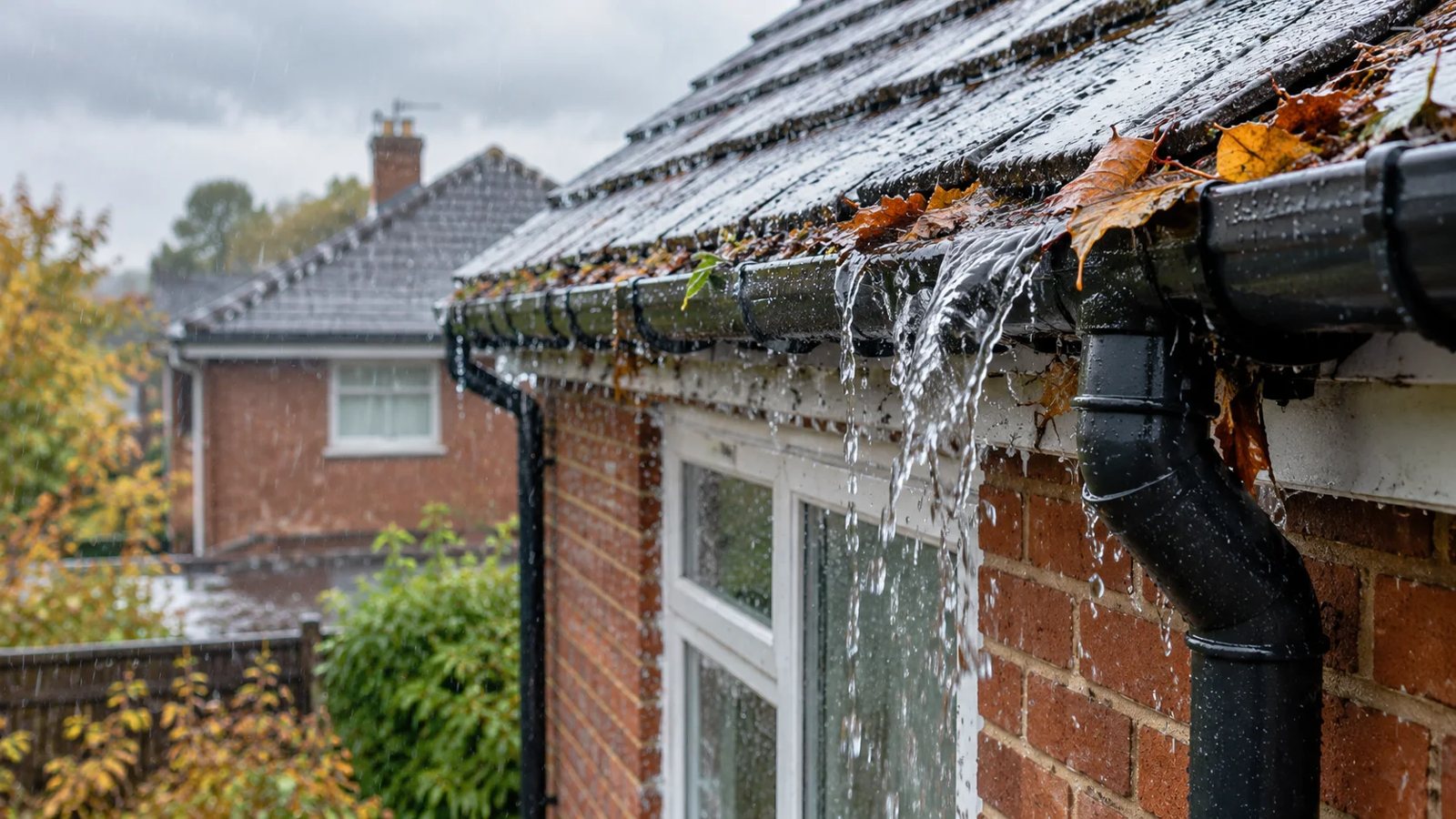 Overflowing gutter and downpipe in the rain