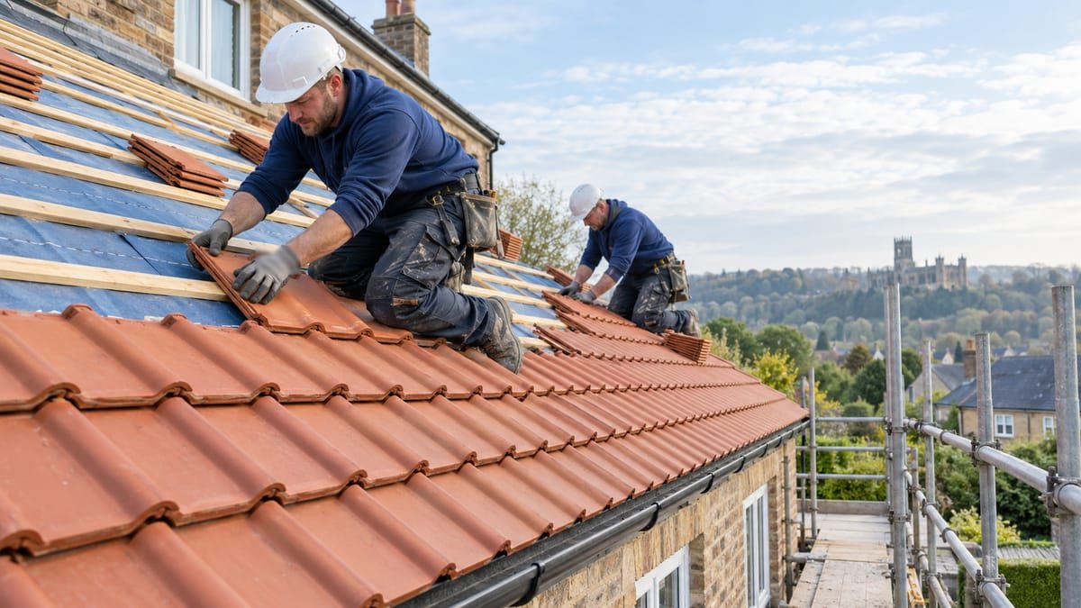 Roofers laying tiles on a new roof